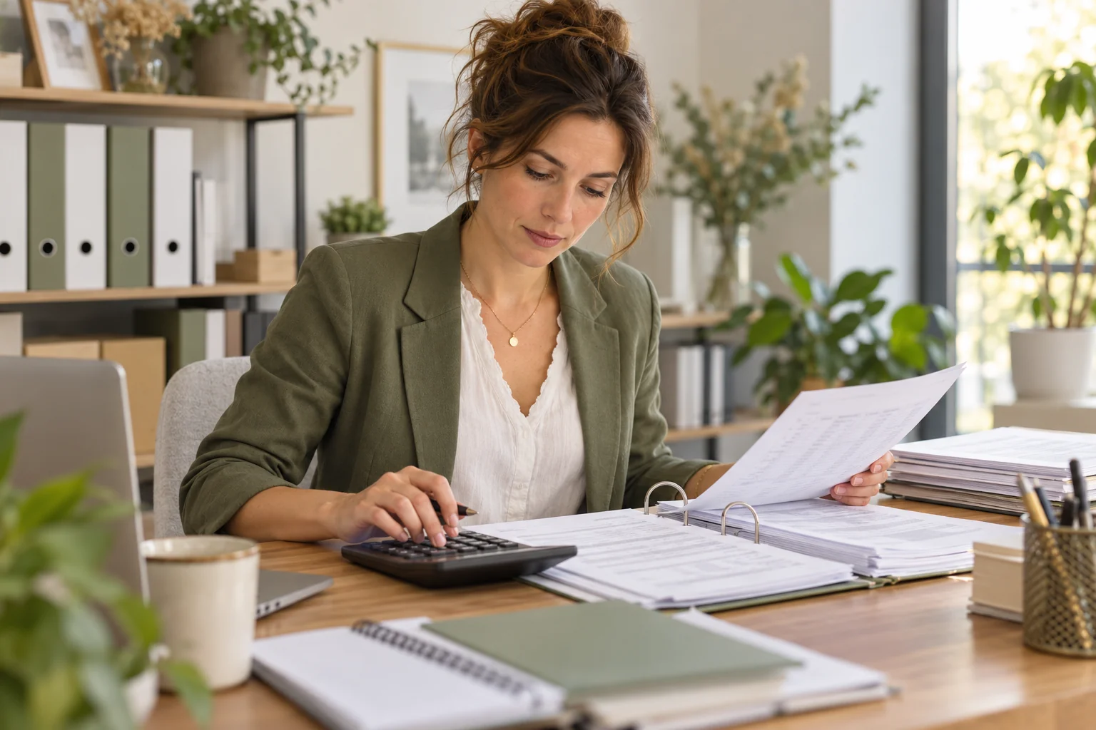 Un comptable examine des documents sur son bureau.