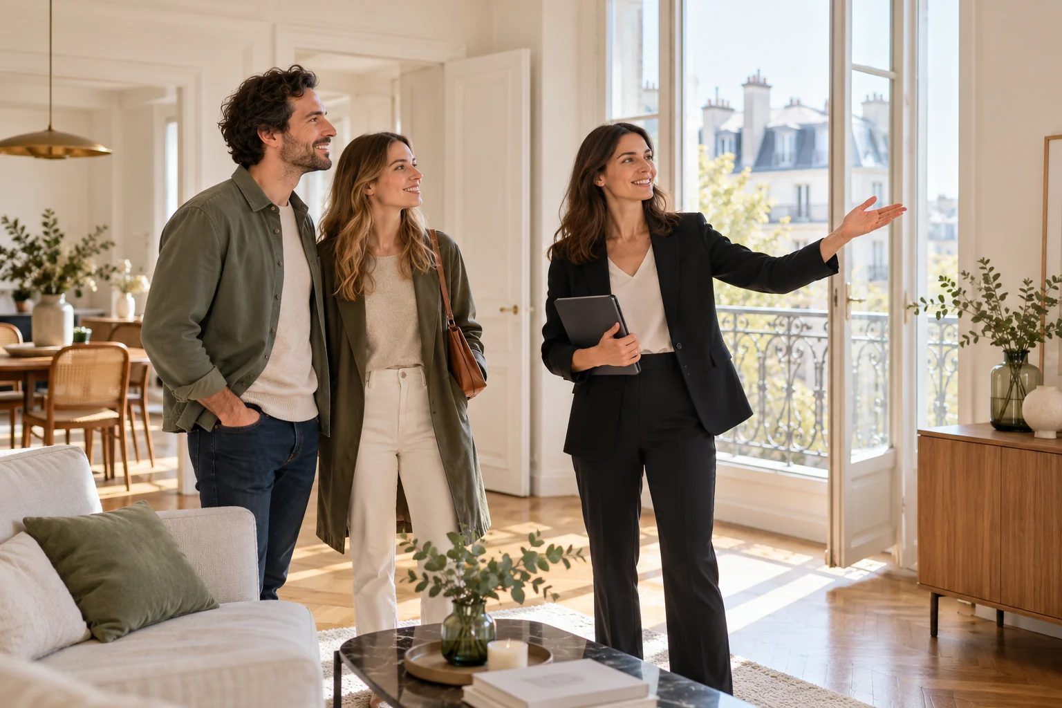 Une agente immobilière présente un appartement.